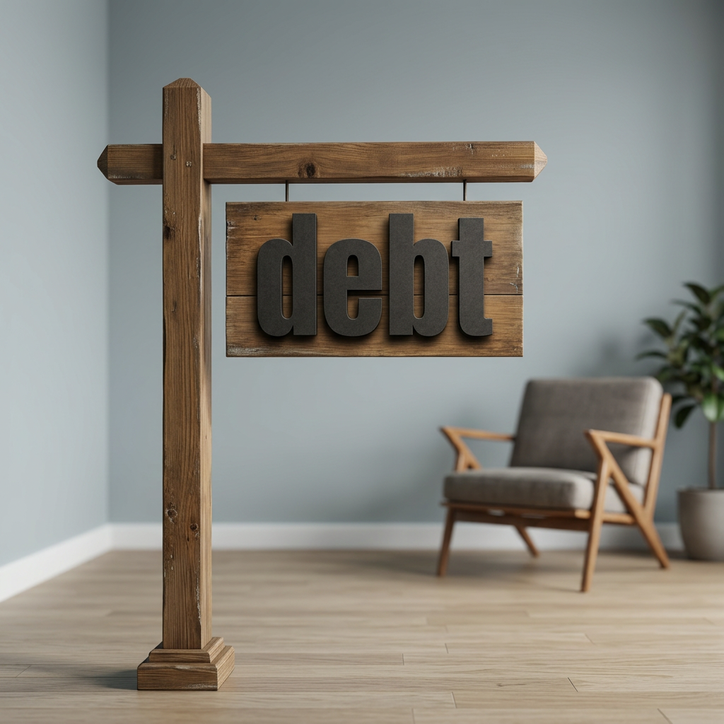 Bold dark letters spelling the word debt on a rough textured wall